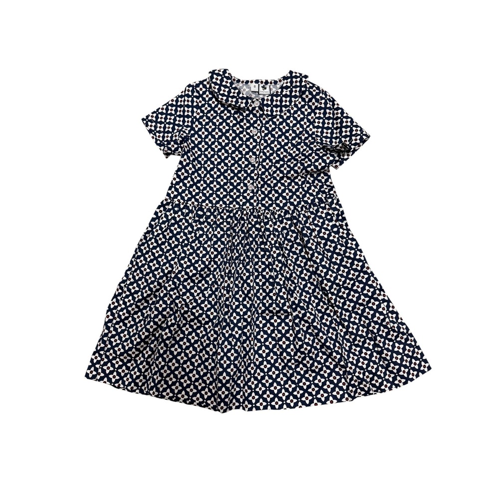 Busy Bees Girls Navy Blue Geometric Floral Peter Pan Collar Cotton Dress Size 8